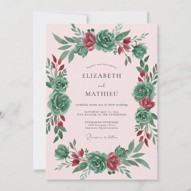 Invitación Corona de boda rosa moderna teal (Anverso)
