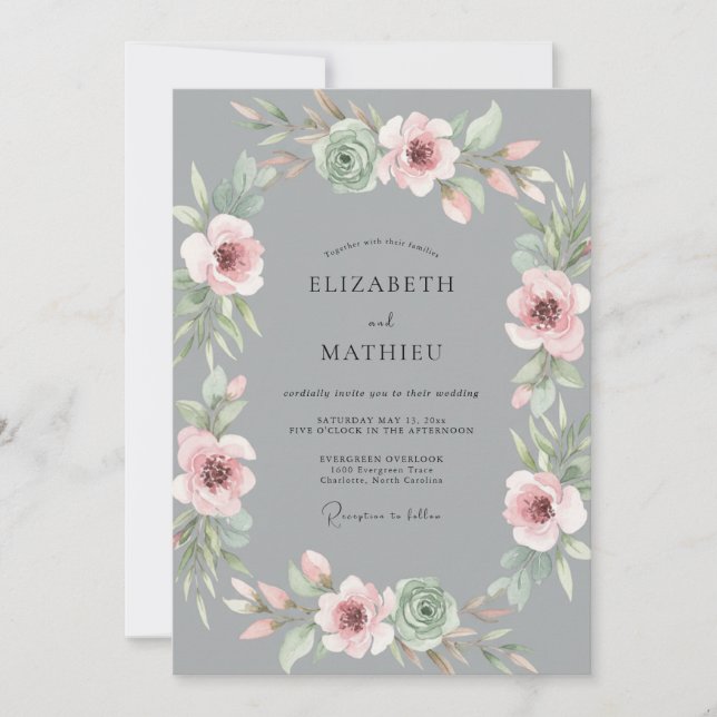 Invitación Corona de boda rosa polvoriento gris (Anverso)