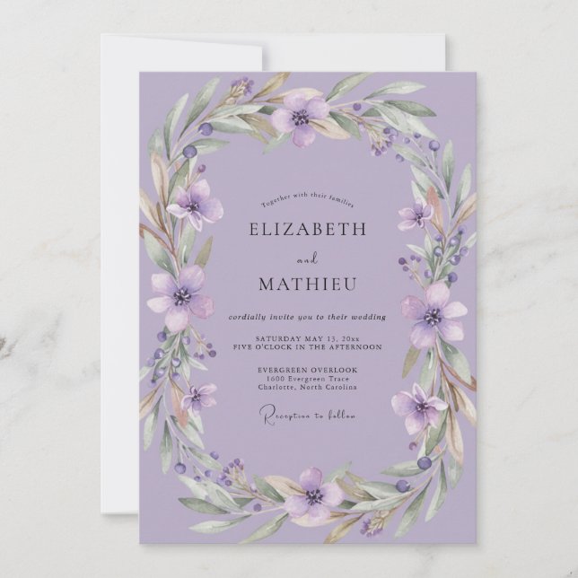 Invitación Corona de boda violeta amatista (Anverso)
