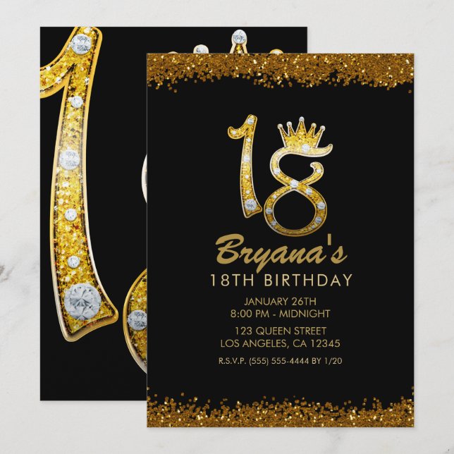 Invitación Corona de brillo dorado diamante Bling 18 cumpleañ (Anverso / Reverso)