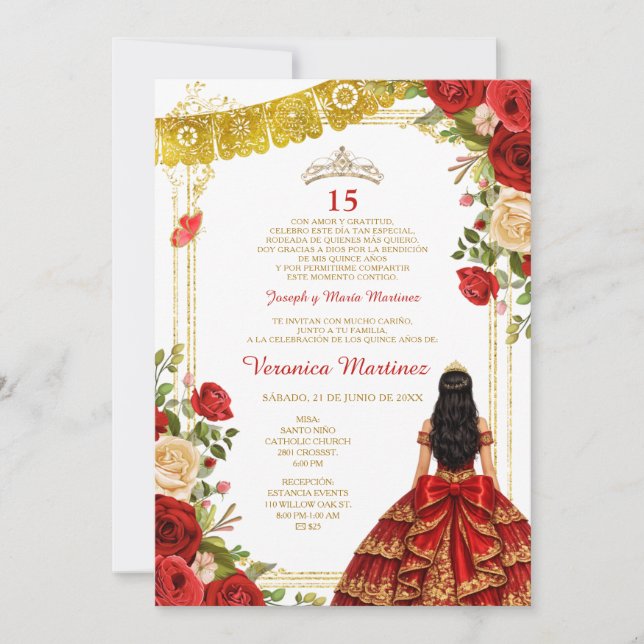 Invitación Corona de Burgundy Roja Quinceañera 15 Años Mis Qu (Anverso)