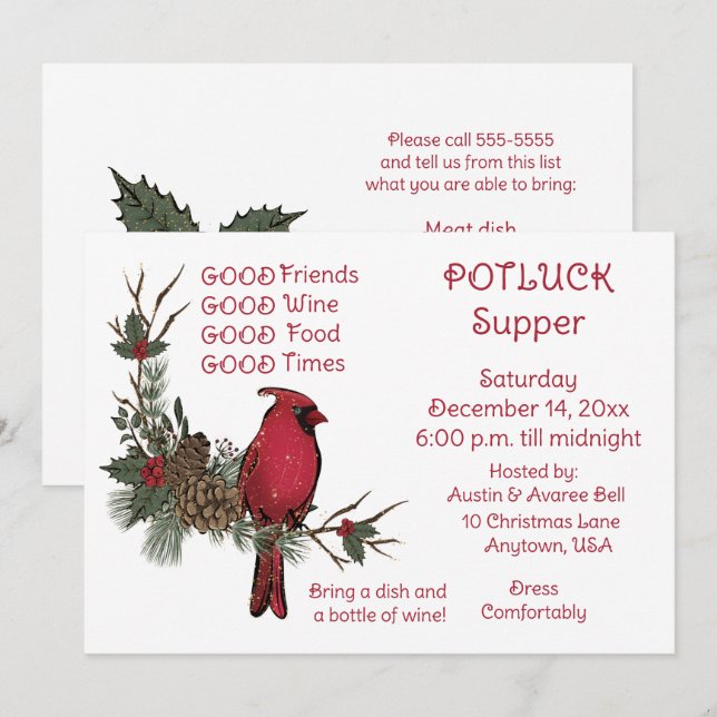 Invitación Corona de Cardenal Rojo Cena de Navidad Compartir  (Anverso / Reverso)