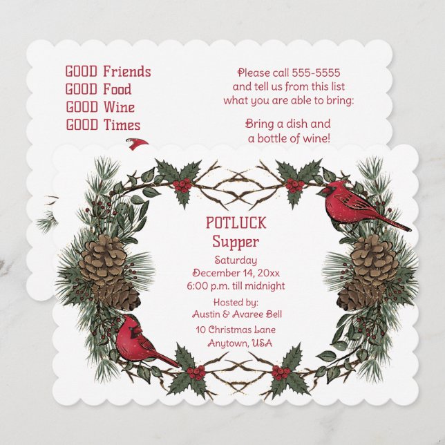 Invitación Corona de Cardenal Rojo Cena de Navidad Compartir (Anverso / Reverso)