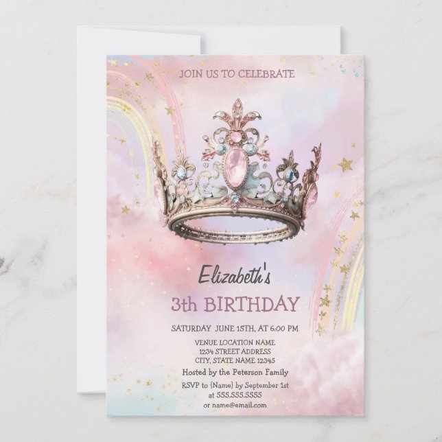 Invitación Corona de Castillo de Princesa Elegante Cumpleaños (Anverso)