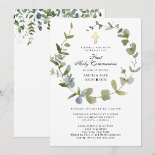 Invitación Corona de comunión santa cruz de follaje de eucali