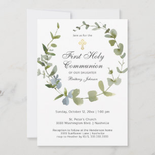 Invitación Corona de comunión santa cruz de follaje de eucali