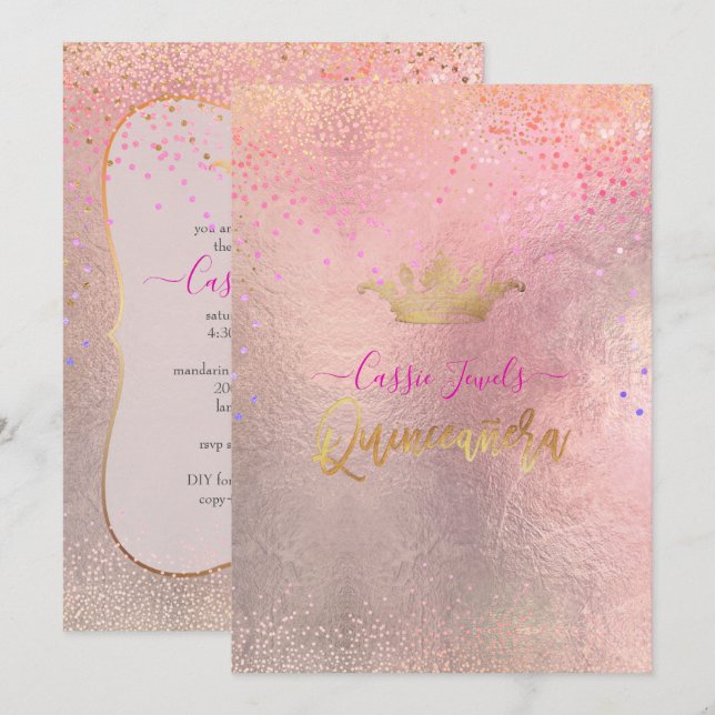 Invitación Corona de Confetti y Princesa Ilandesa Quinceanera (Anverso / Reverso)