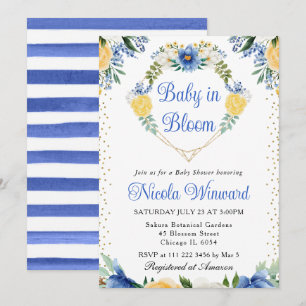 Invitación Corona de corazón de flores azules y amarillas par