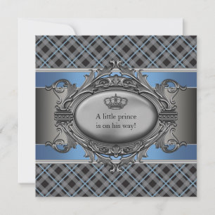Invitación Corona de Cuadro Azul Príncipe Niño Baby Shower