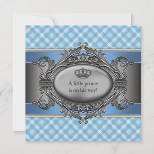 Invitación Corona de Cuadro Azul Príncipe Niño Baby Shower