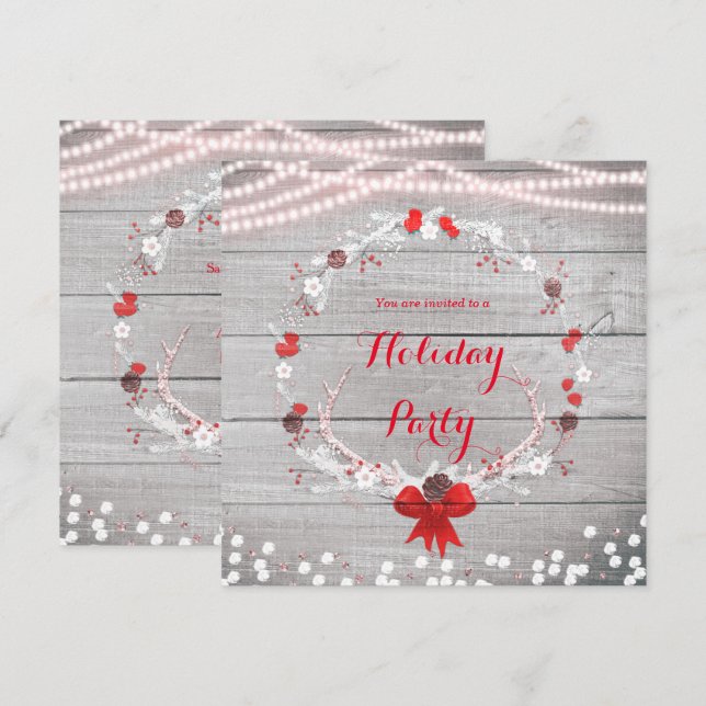 Invitación Corona de Cuerno de Ciervo Navideña Rústica Madera (Anverso / Reverso)