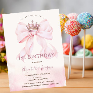 Invitación Corona de Cumpleaños 1er con Lazo Rosa Acuarela
