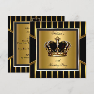 Invitación Corona de cumpleaños elegante de oro y franja negr