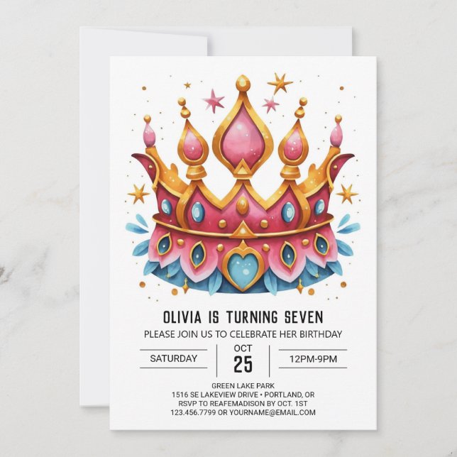 Invitación Corona de cumpleaños imprimible para princesas (Anverso)
