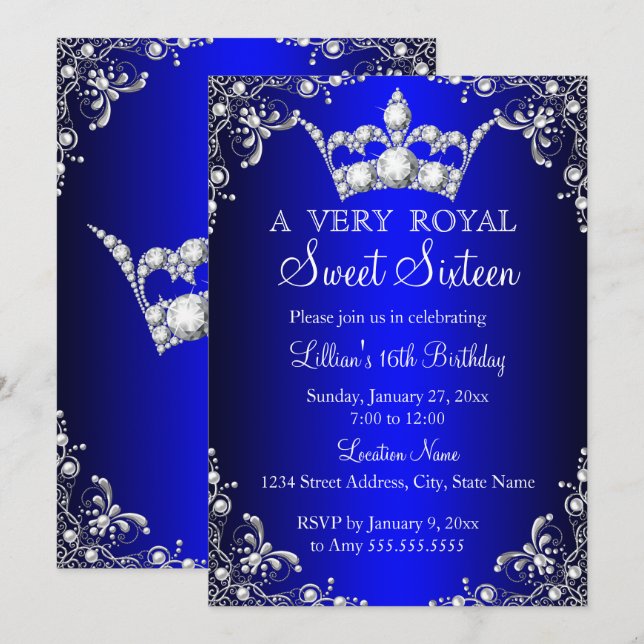 Invitación Corona de Damasco de Perla Plateada Royal Blue Swe (Anverso / Reverso)