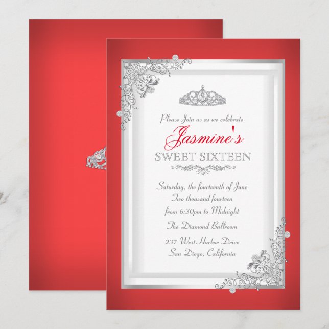 Invitación Corona de Damasco Plateado Rojo Cumpleaños Dulces  (Anverso / Reverso)