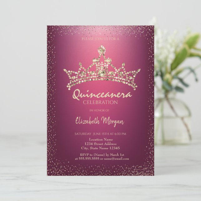 Invitación Corona de diamantes chic roja Quinceañera (Anverso de pie)