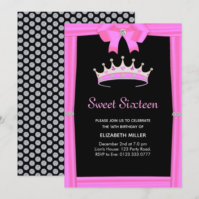 Invitación Corona de diamantes con brillo chic Cumpleaños Dul (Anverso / Reverso)