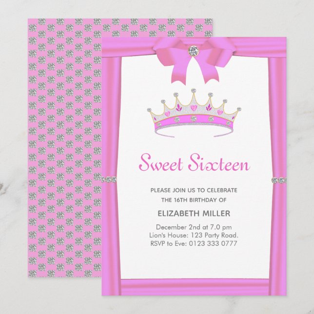 Invitación Corona de diamantes con brillo chic Cumpleaños Dul (Anverso / Reverso)