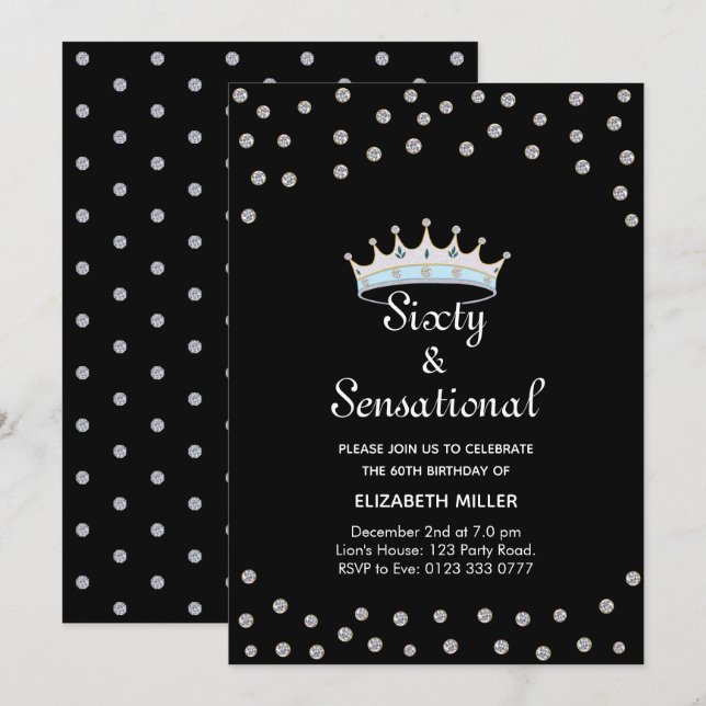 Invitación Corona de diamantes con brillo chic en Cumpleaños  (Anverso / Reverso)