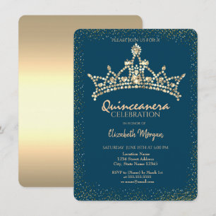 Invitación Corona de diamantes de oro chic azul Quinceañera