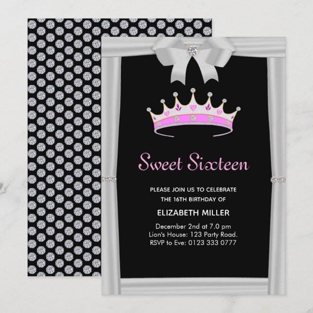 Invitación Corona de diamantes de purpurina chic Cumpleaños D (Anverso / Reverso)