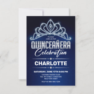 Invitación Corona de Diamantes Princesa Azul Real Quinceañera