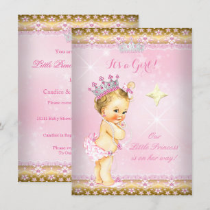 Invitación Corona de encaje rosa dorado para baby shower de p