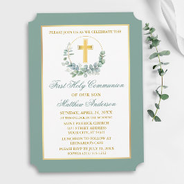 Invitación Corona de eucalipto acuarela Comunión oro
