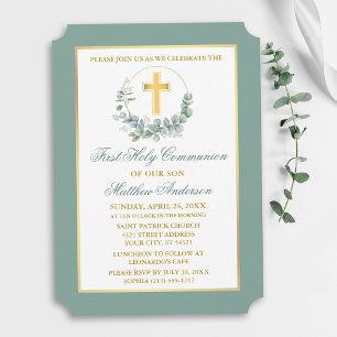 Invitación Corona de eucalipto acuarela Comunión oro