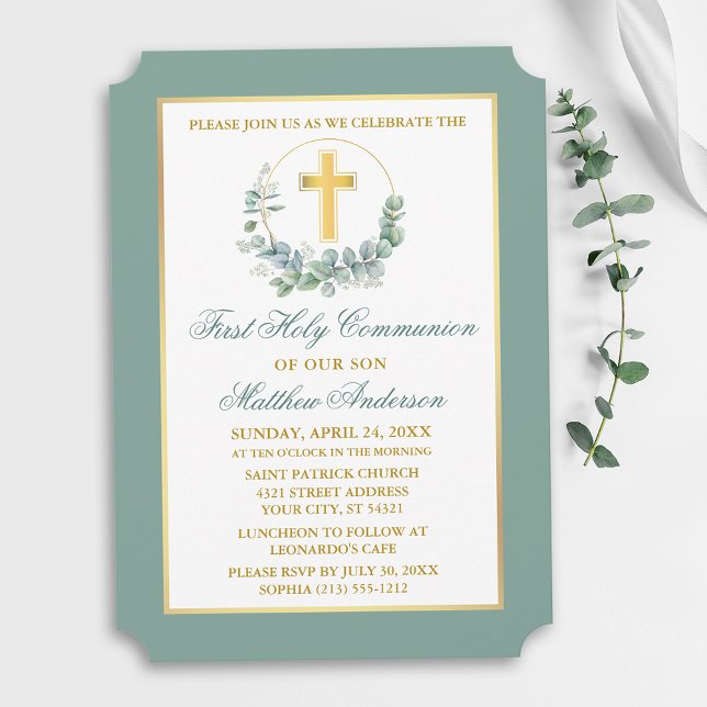 Invitación Corona de eucalipto acuarela Comunión oro (Customize to change text color, text style or color of back of card.)