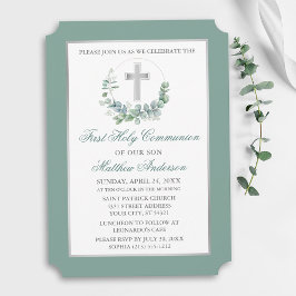 Invitación Corona de eucalipto acuarela Comunión plateada