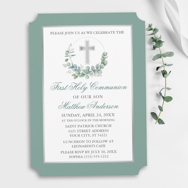 Invitación Corona de eucalipto acuarela Comunión plateada (Customize to change text color, text style or color of back of card.)