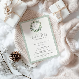 Invitación Corona de eucalipto con monograma Navidad 