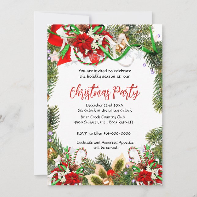 Invitación  Corona de fiesta de Navidad con poinsettia  (Anverso)