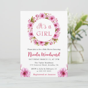 Invitación Corona de flor de cerezo rosa acuarela Baby Shower