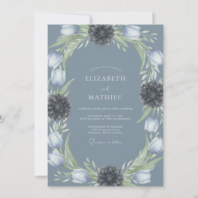 Invitación Corona de flores azul pizarra para boda (Anverso)