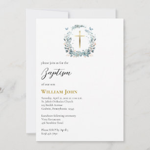 Invitación Corona de flores azules mariposas Bautismo ortodox