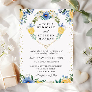 Invitación Corona de flores azules y amarillas en forma de co