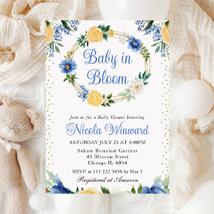 Invitación Corona de flores azules y amarillas para baby show
