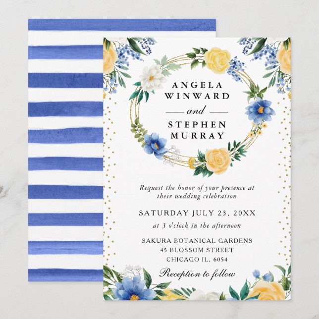 Invitación Corona de flores azules y amarillas para boda (Anverso / Reverso)