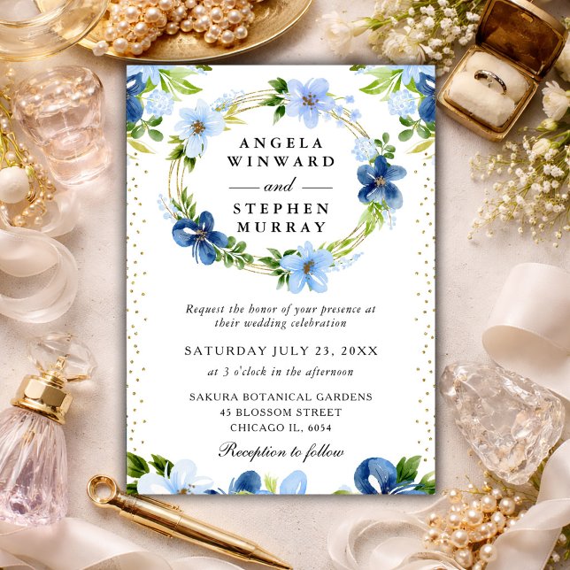 Invitación Corona de flores azules y marinas para boda (Subido por el creador)