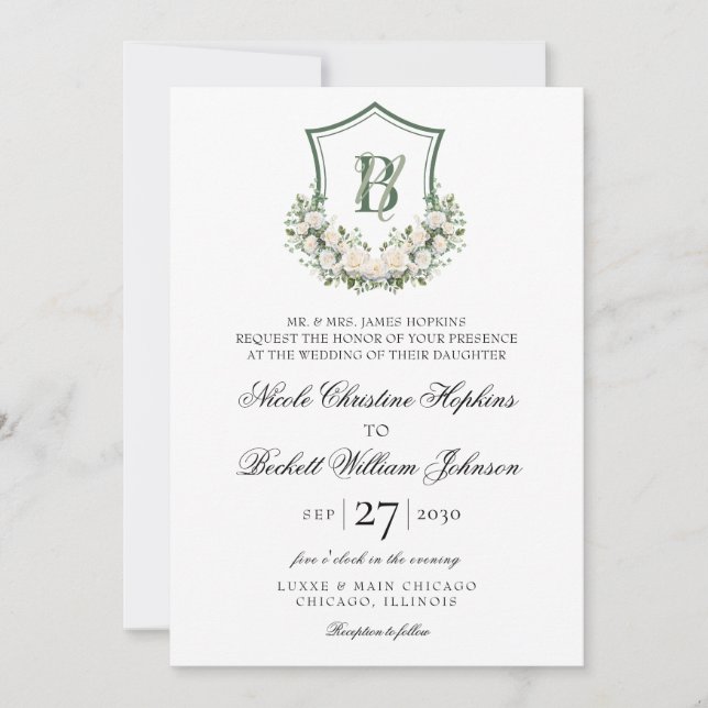 Invitación Corona de flores blancas para boda (Anverso)