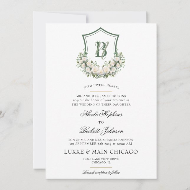 Invitación Corona de flores blancas para boda (Anverso)