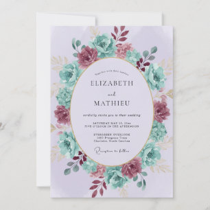 Invitación Corona de flores boda borgoña azul verdoso
