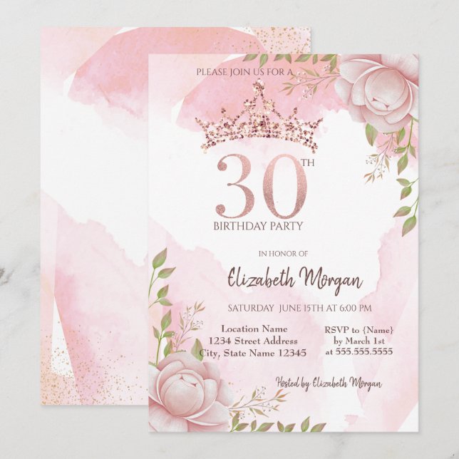 Invitación Corona de flores boho acuarela cumpleaños 30 (Anverso / Reverso)