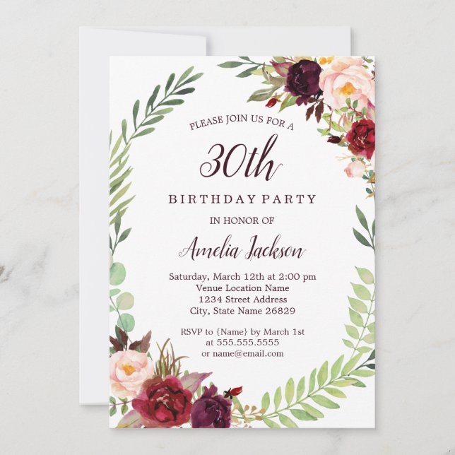 Invitación Corona de flores Borgoña Cumpleaños 30 (Anverso)