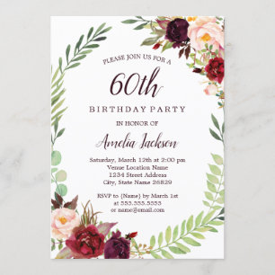 Invitación Corona de flores Borgoña Cumpleaños 60