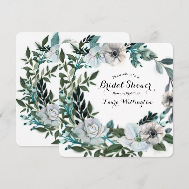 Invitación Corona de flores botánicas florales blancas (Anverso / Reverso)