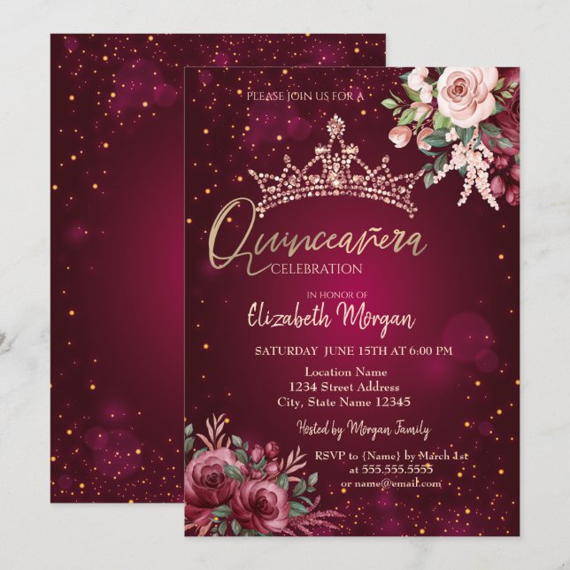 Invitación Corona de flores chic roja Quinceañera (Anverso / Reverso)